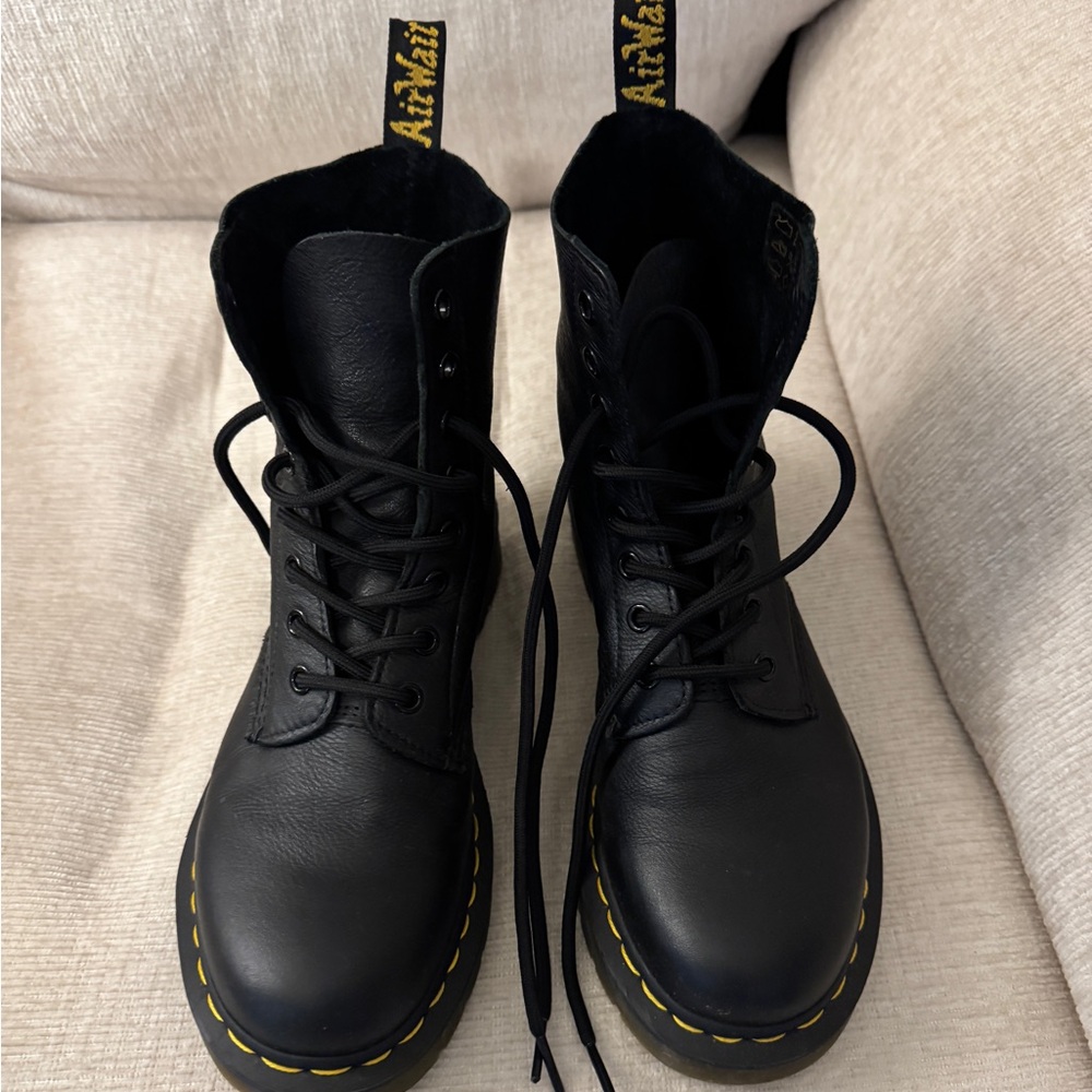Dr. Martens 9 hole Black Leather Boots with Yellow Stitching